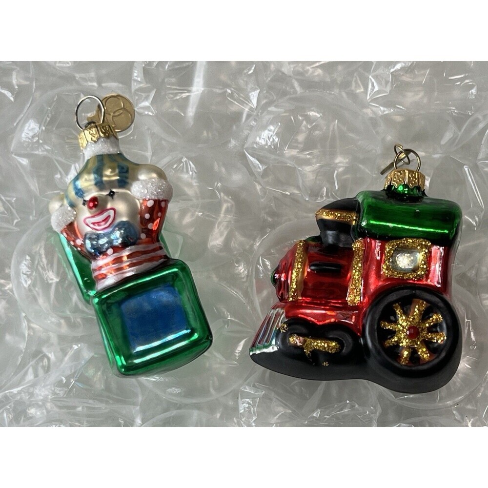 Vintage DEPT 56 Jack-in-the-Box, Train Blown Glass Christmas Ornaments Logo